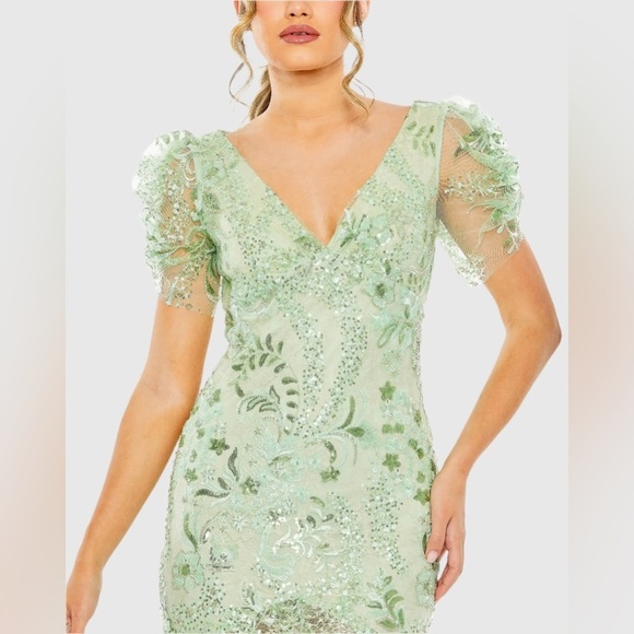Mac Duggal 68266 NWOT Green Puff Sleeve V Neck Floral Embellished Dress - Picture 4 of 8